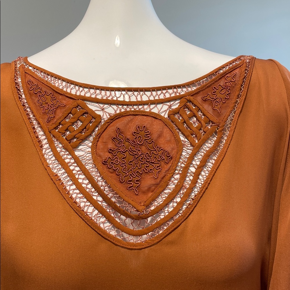 Haute Hippie Bronze Silk Chiffon Top Dolmam Sleeves Deep Embellished V-Neck M EC - Picture 6 of 15